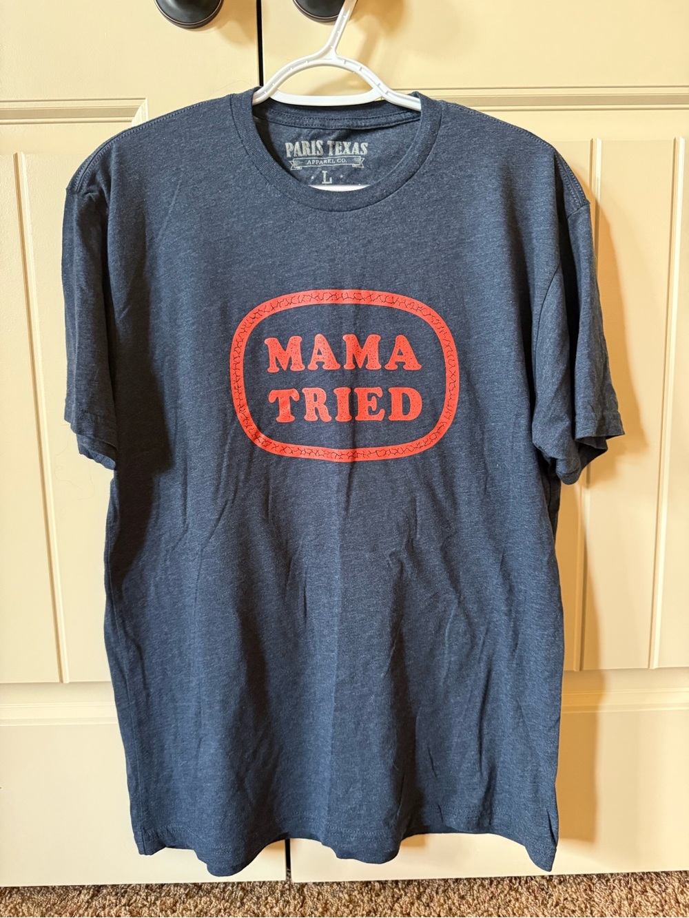 Paris Texas Navy Blue Tee with Red "MAMA TRIED" Graphic